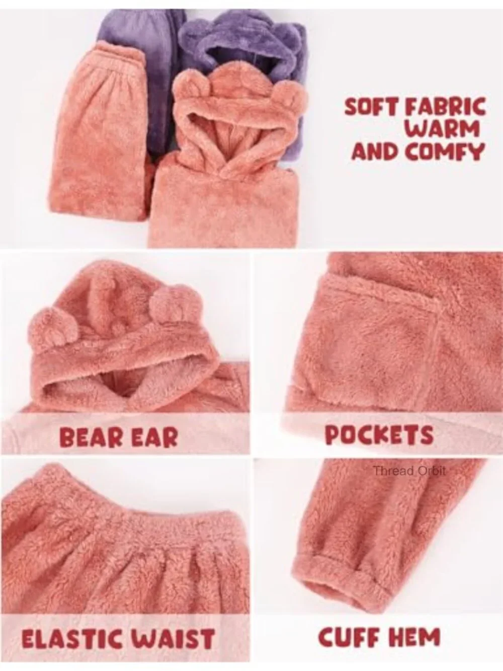 Girls Bear Ear Fuzzy Hoodie Sweatshirt & Sweatpants Set